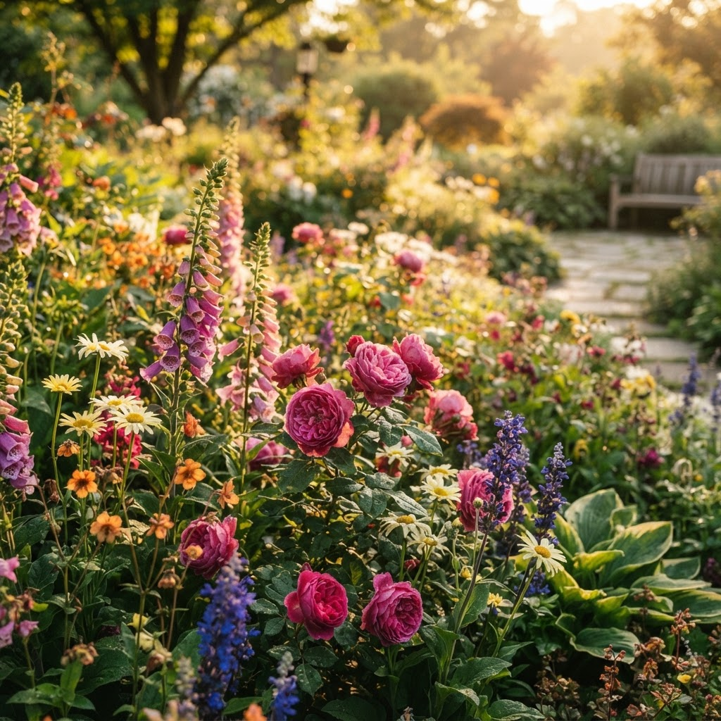 Roses and perennials blooming in the Graham Sesquicentennial Memorial Garden at golden hour